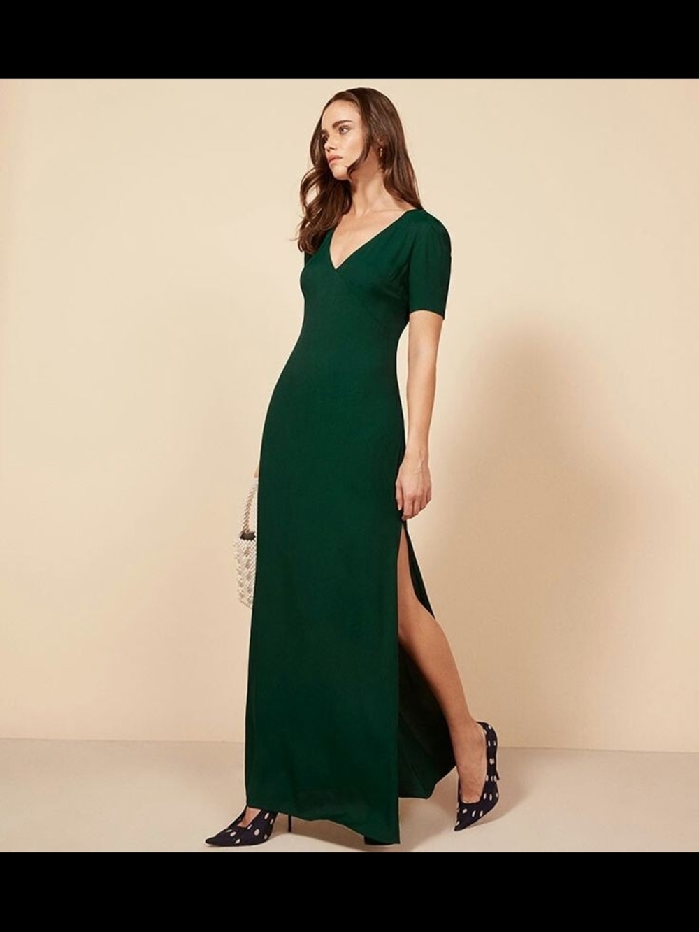 Reformation Deep Emerald V-Neck Short Sleeve Maxi Dress